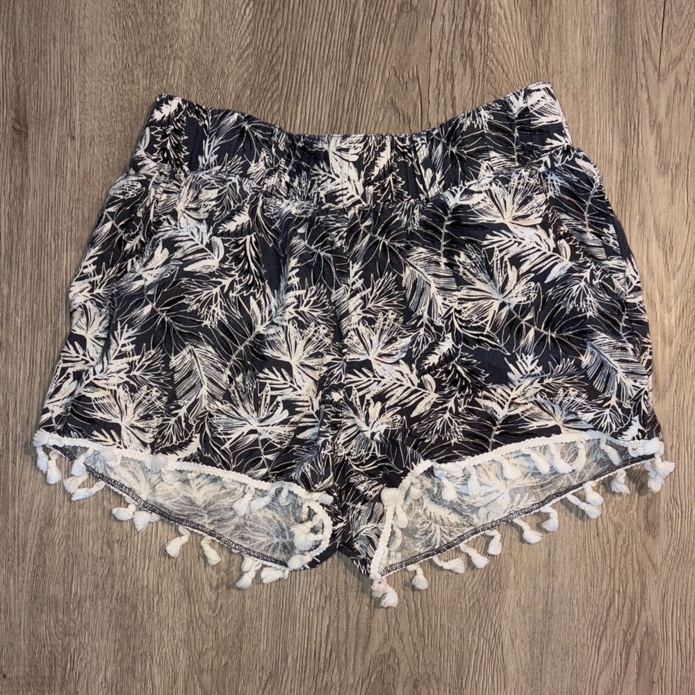 Rewash Navy and White Palm-Print Pom-Trim High-Waist Shorts